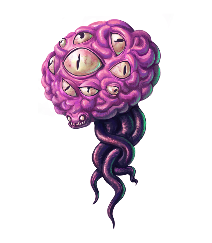 Illustration of a Darukin, a multi-eyed psionic creature with a bulbous body and trailing tentacles, against a dark background.