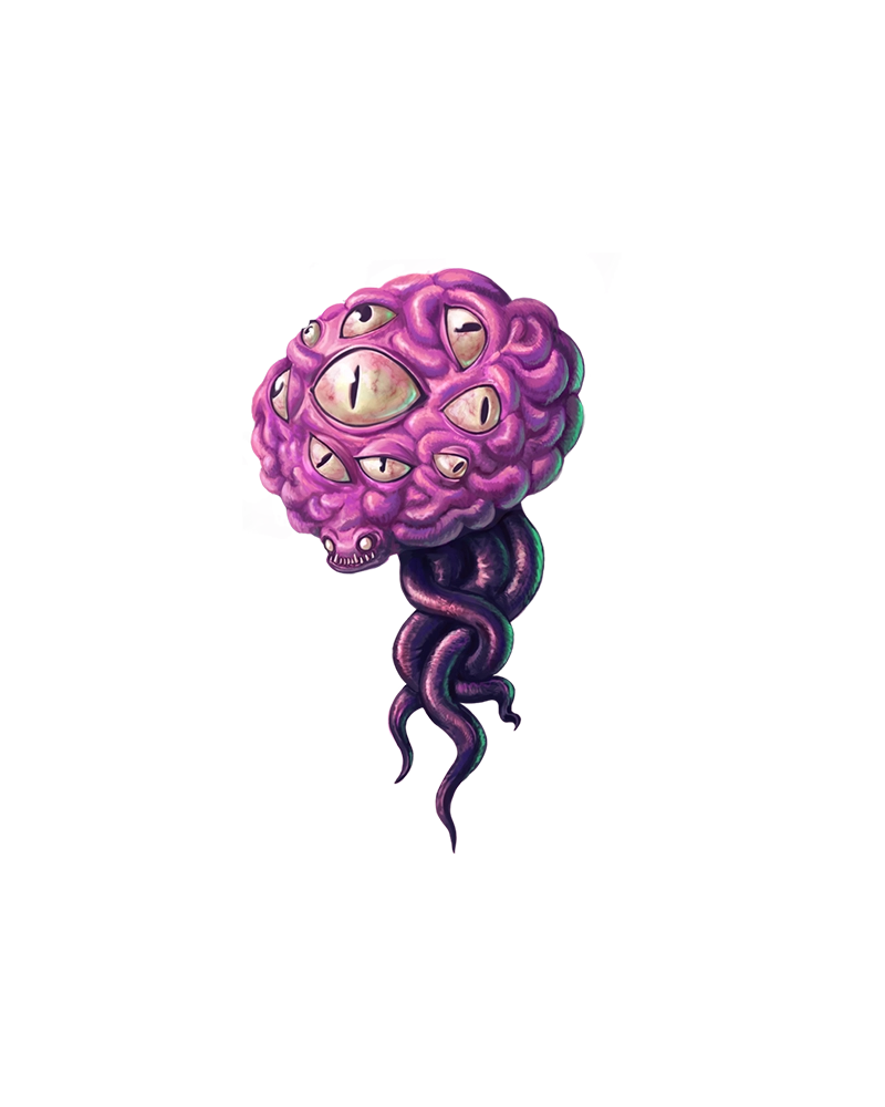 Illustrazione di un Darukin, una creatura psionico dai molti occhi con un corpo bulboso e tentacoli, su sfondo scuro.