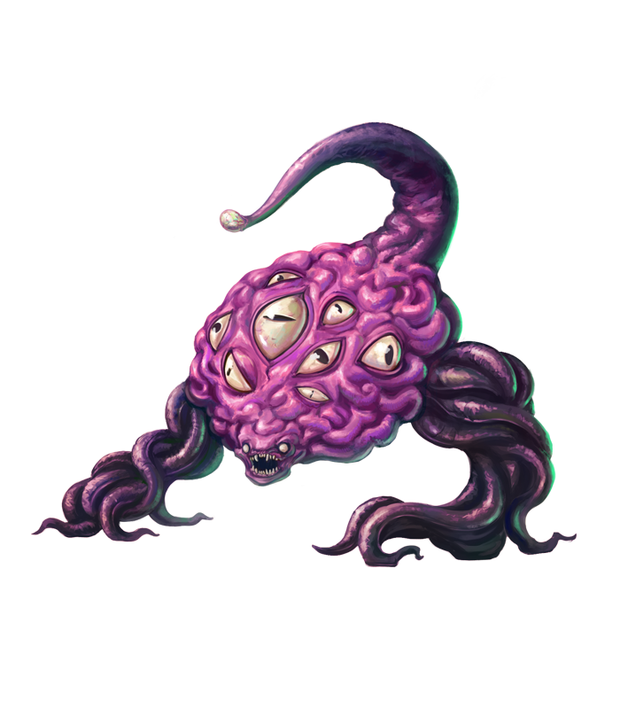 Illustration of a Darukin, a multi-eyed psionic creature with a bulbous body and trailing tentacles, against a dark background.