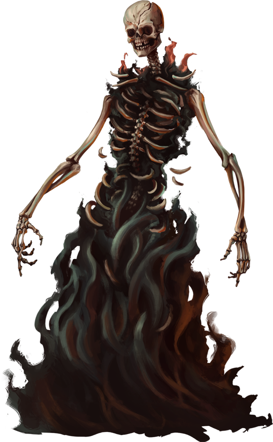 Illustration of a Greed Zaergar, a gaunt demonic figure with bony limbs and a trail of flame and smoke, against a dark background.