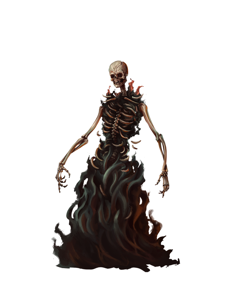 Illustrazione di uno Zaergar dell'Avidità, una figura demoniaca ossuta con arti affilati e una scia di fuoco e fumo, su sfondo scuro.