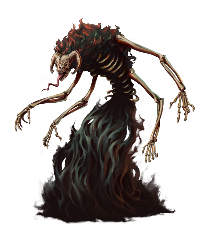 Illustration of a Greed Zaergar, a gaunt demonic figure with bony limbs and a trail of flame and smoke, against a dark background.