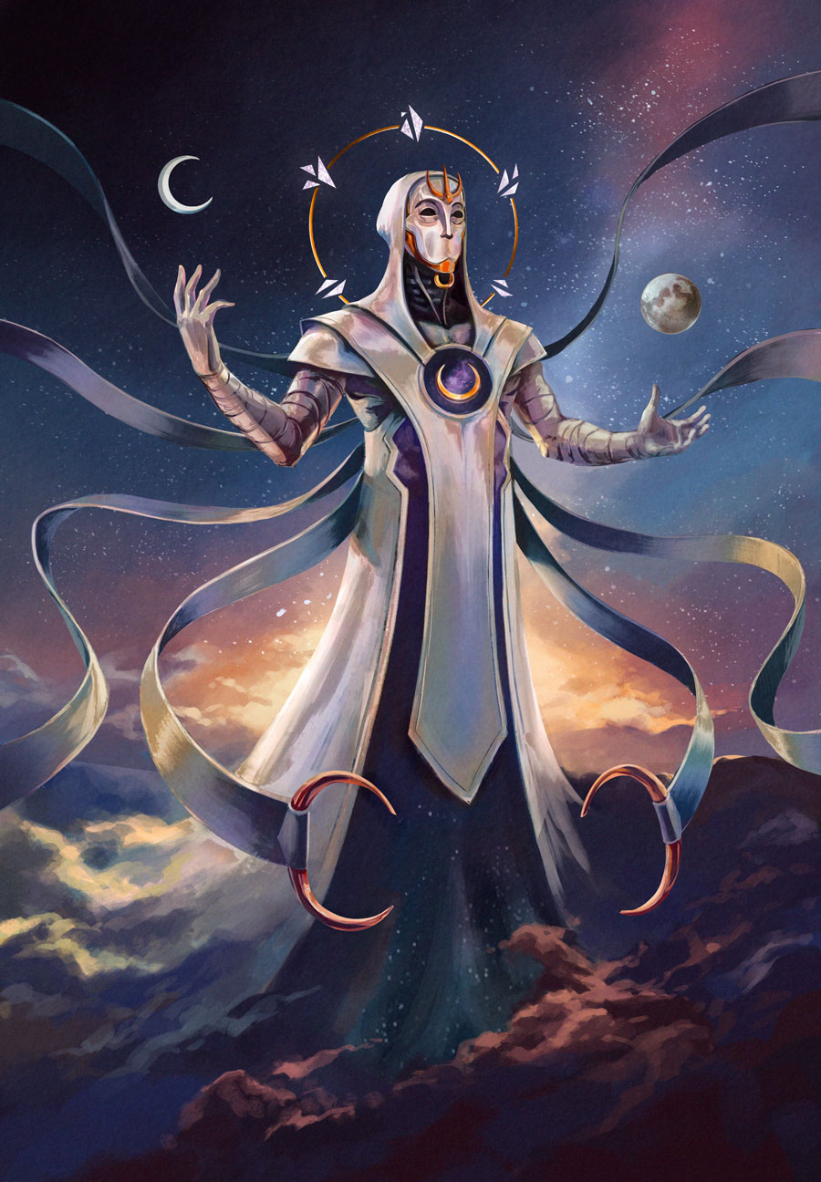 Portrait of Set'Sin, the Moon God of Elegor, wearing a pale mask and trailing ceremonial ribbons against a starlit sky.
